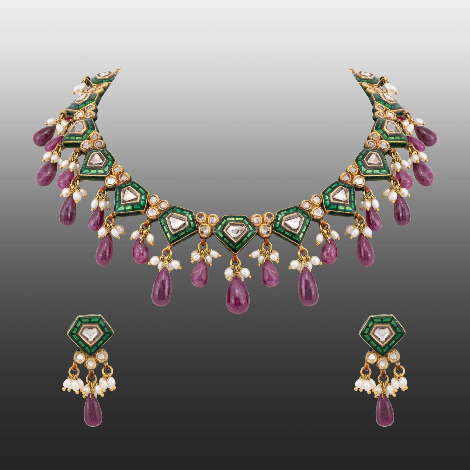 Green Talaf Polki Neacklace Set with Ruby Colour Drops